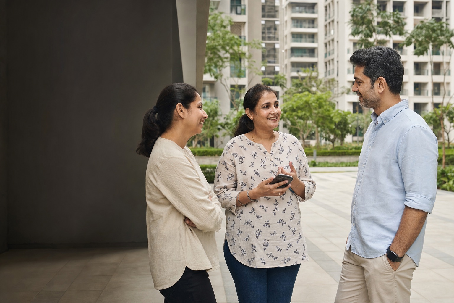 Residents and domestic help talking in an apartment community